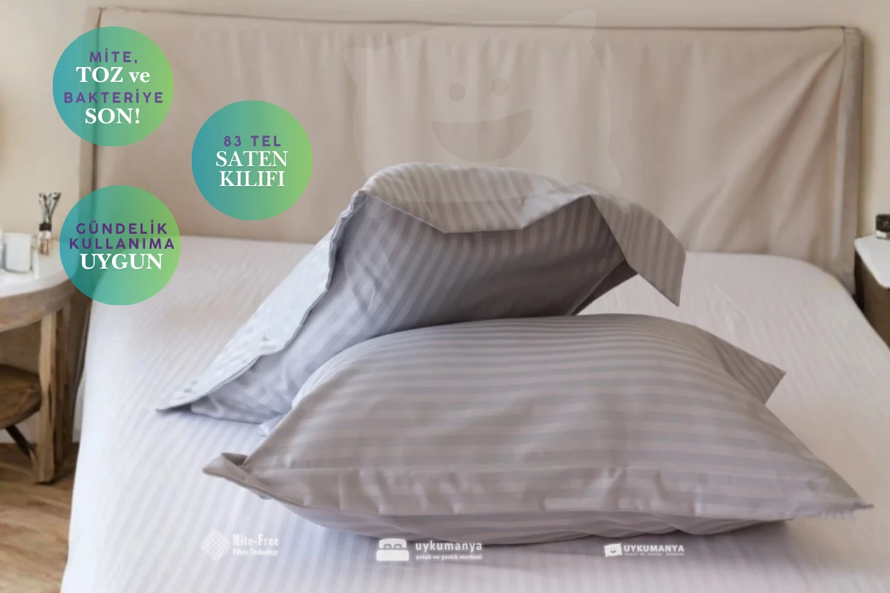 Uykumanya Otel Serisi Lüks Çizgili Saten Oxford Yastık Kılıfı (2 Adet, Gri)