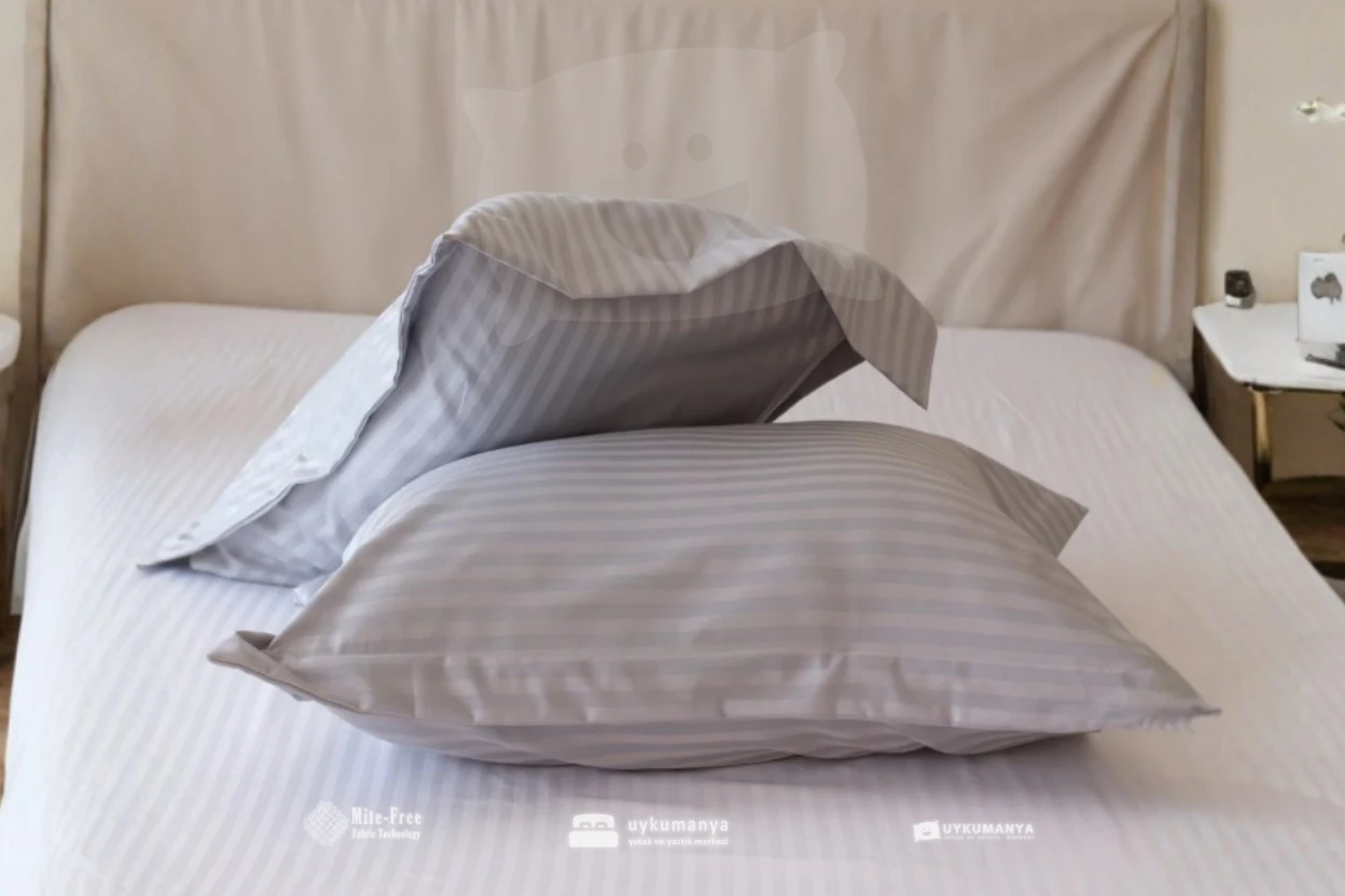 Uykumanya Otel Serisi Lüks Çizgili Saten Oxford Yastık Kılıfı (2 Adet, Gri)