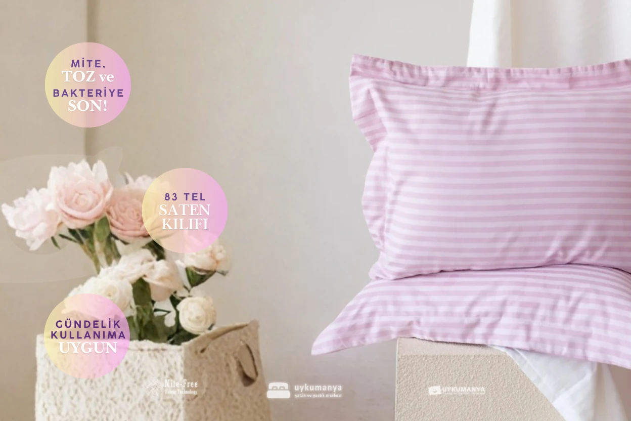 Uykumanya Otel Serisi Lüks Çizgili Saten Oxford Yastık Kılıfı (2 Adet, Romantik Pembe Pudra)