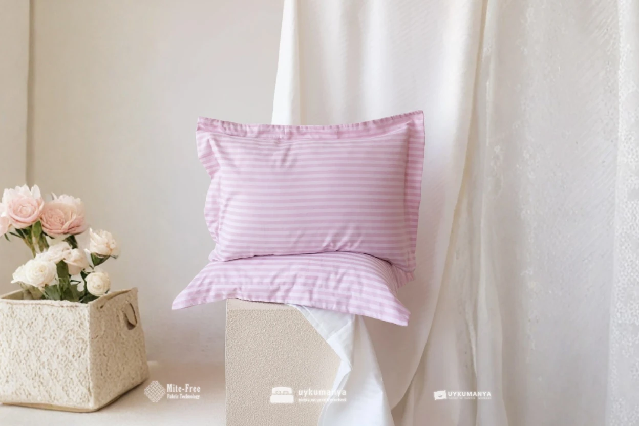 Uykumanya Otel Serisi Lüks Çizgili Saten Oxford Yastık Kılıfı (2 Adet, Romantik Pembe Pudra)