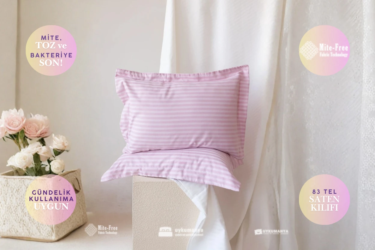 Uykumanya Otel Serisi Lüks Çizgili Saten Oxford Yastık Kılıfı (2 Adet, Romantik Pembe Pudra)