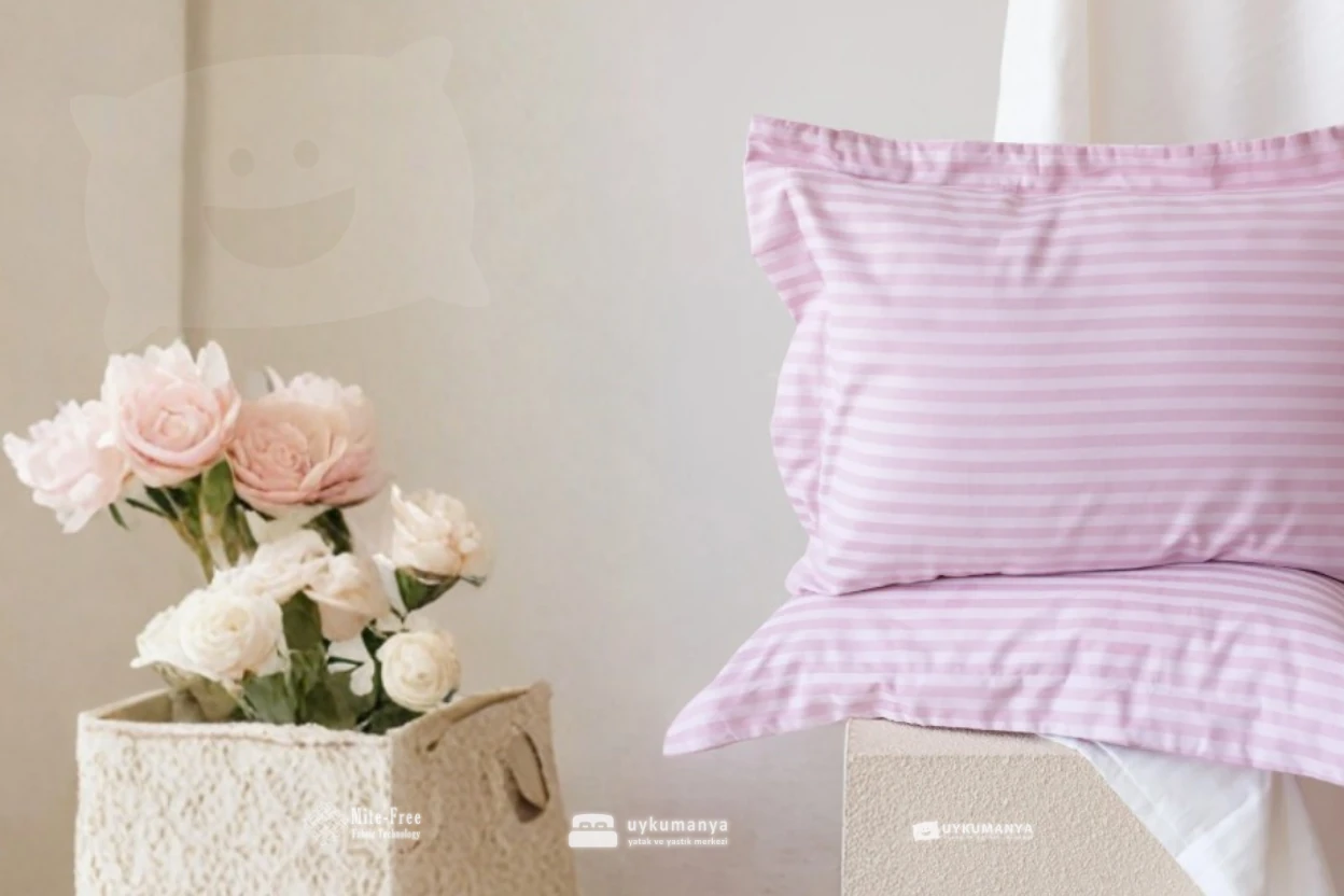 Uykumanya Otel Serisi Lüks Çizgili Saten Oxford Yastık Kılıfı (2 Adet, Romantik Pembe Pudra)