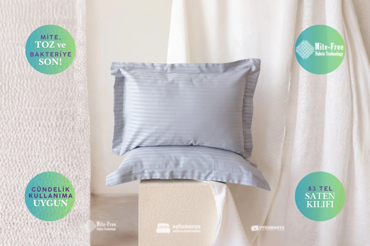 Uykumanya Otel Serisi Lüks Çizgili Saten Oxford Yastık Kılıfı (2 Adet, Gri)