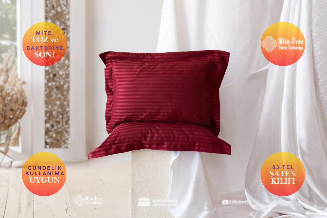 Uykumanya Otel Serisi Lüks Çizgili Saten Oxford Yastık Kılıfı (2 Adet, Ateş Kırmızı)