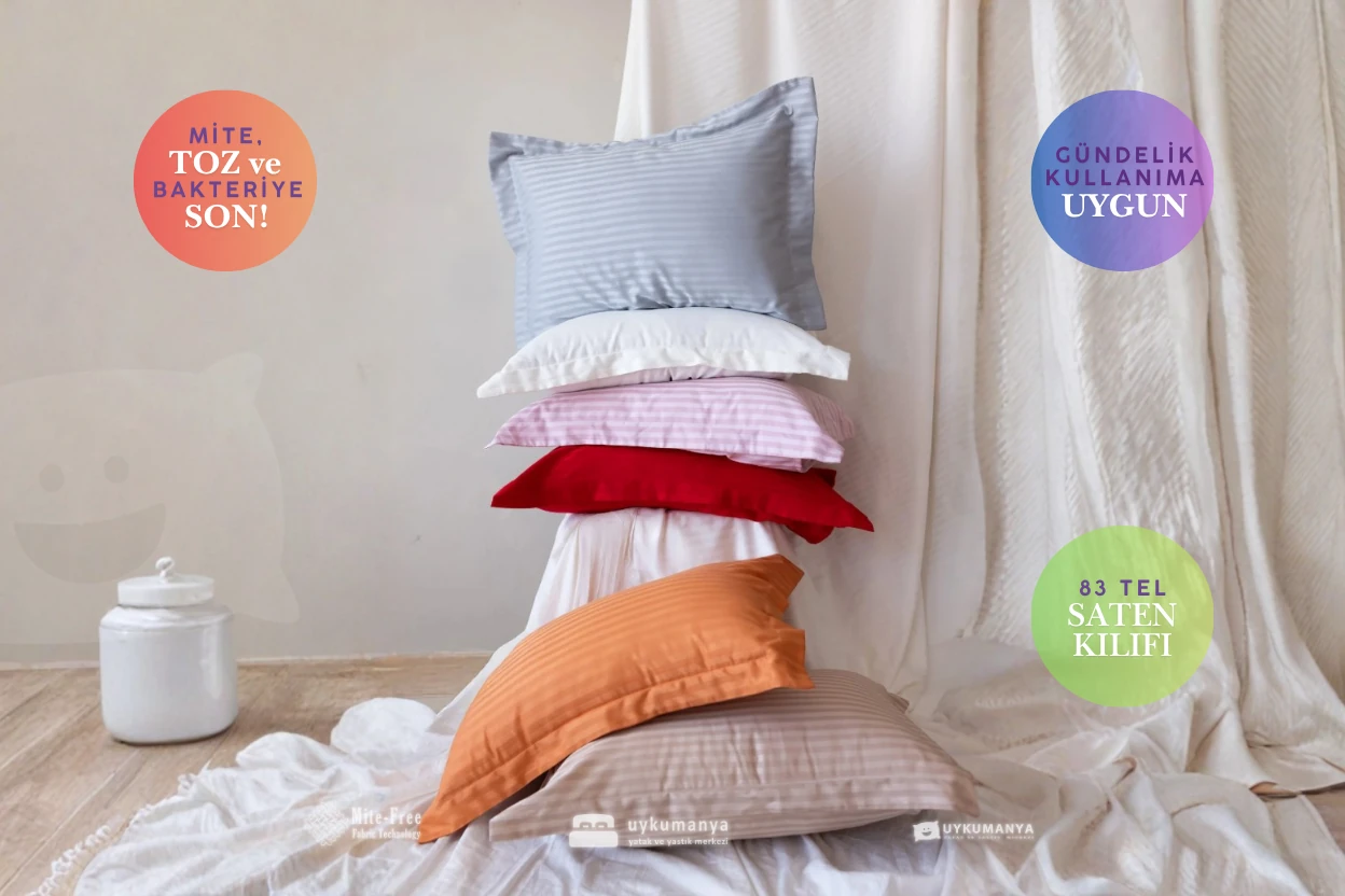 Uykumanya Otel Serisi Lüks Çizgili Saten Oxford Yastık Kılıfı (2 Adet, Romantik Pembe Pudra)