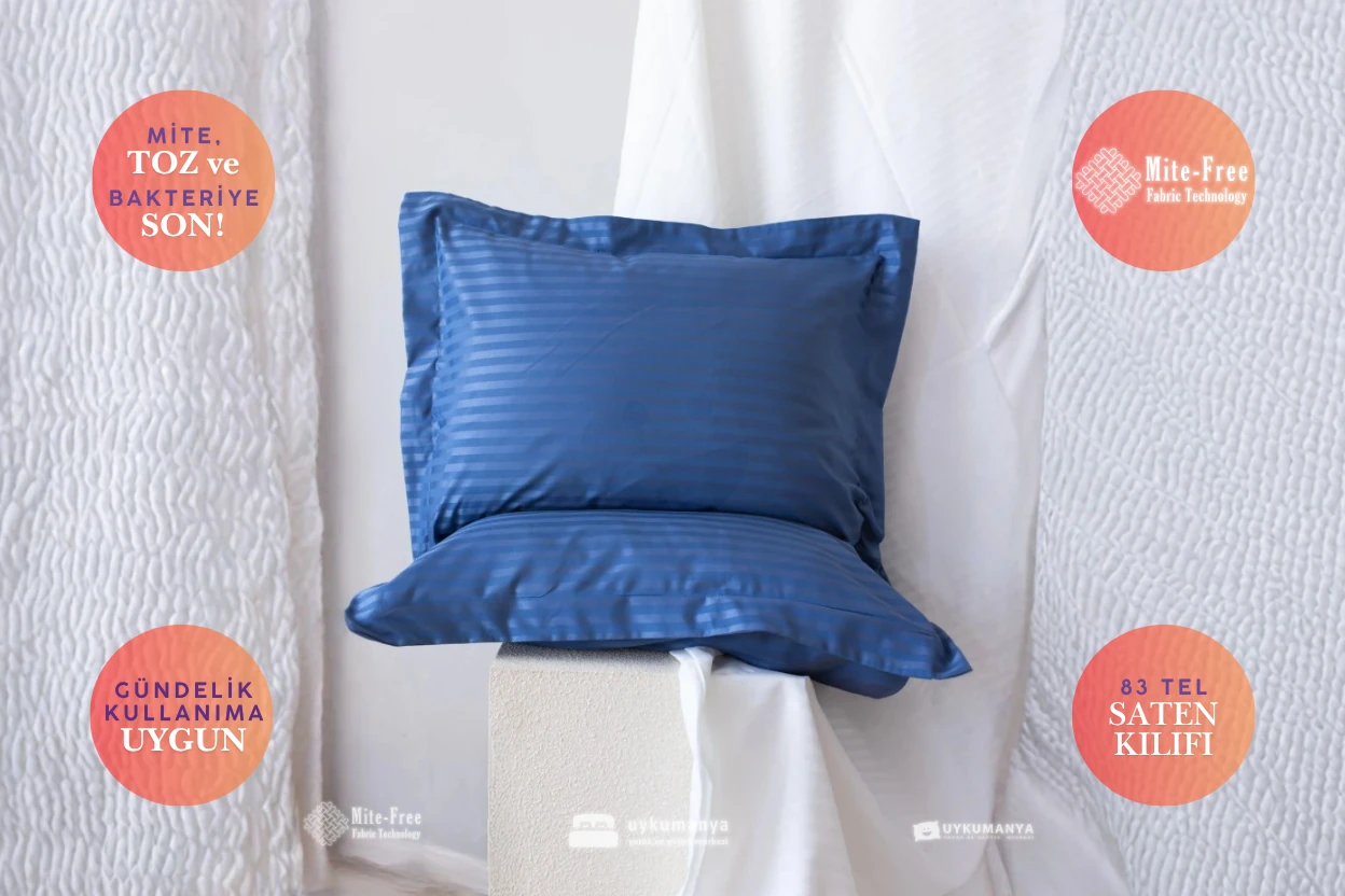 Uykumanya Otel Serisi Lüks Çizgili Saten Oxford Yastık Kılıfı (2 Adet, Asil Lacivert)