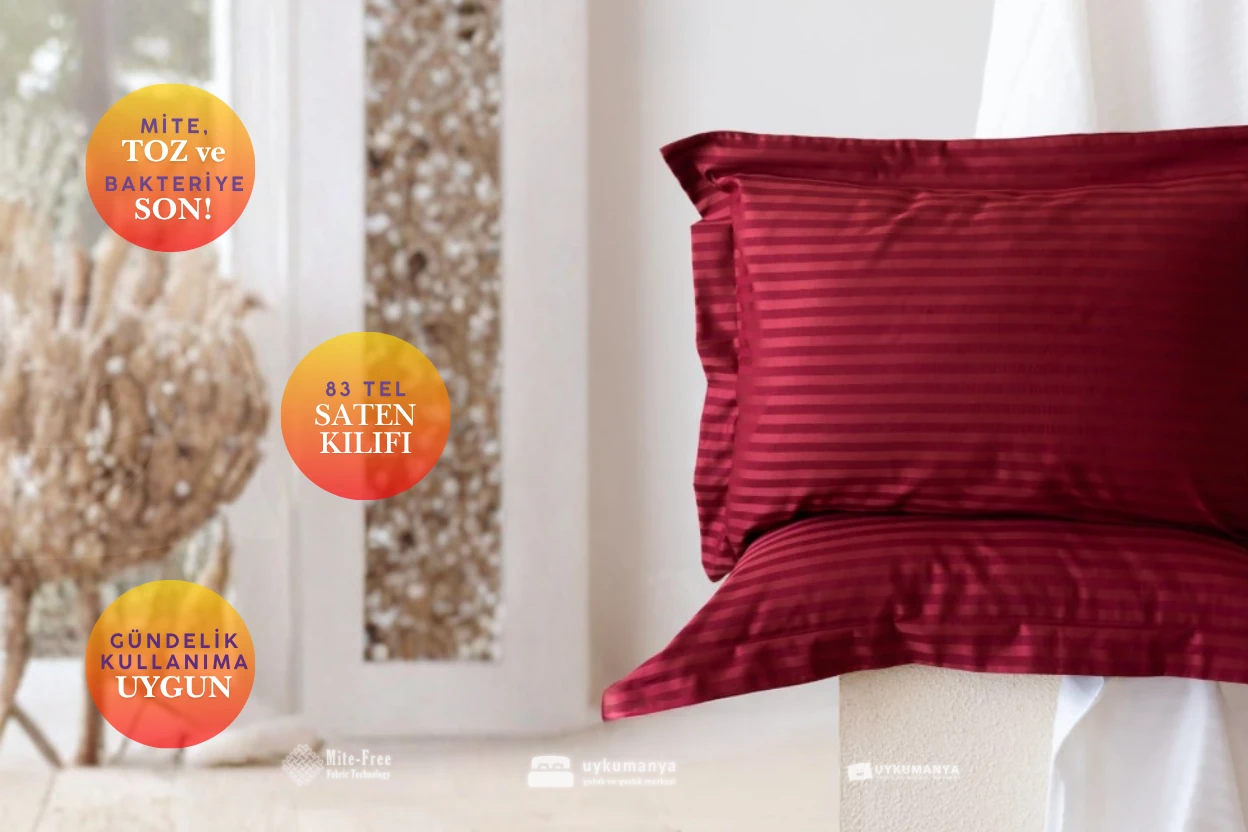 Uykumanya Otel Serisi Lüks Çizgili Saten Oxford Yastık Kılıfı (2 Adet, Ateş Kırmızı)