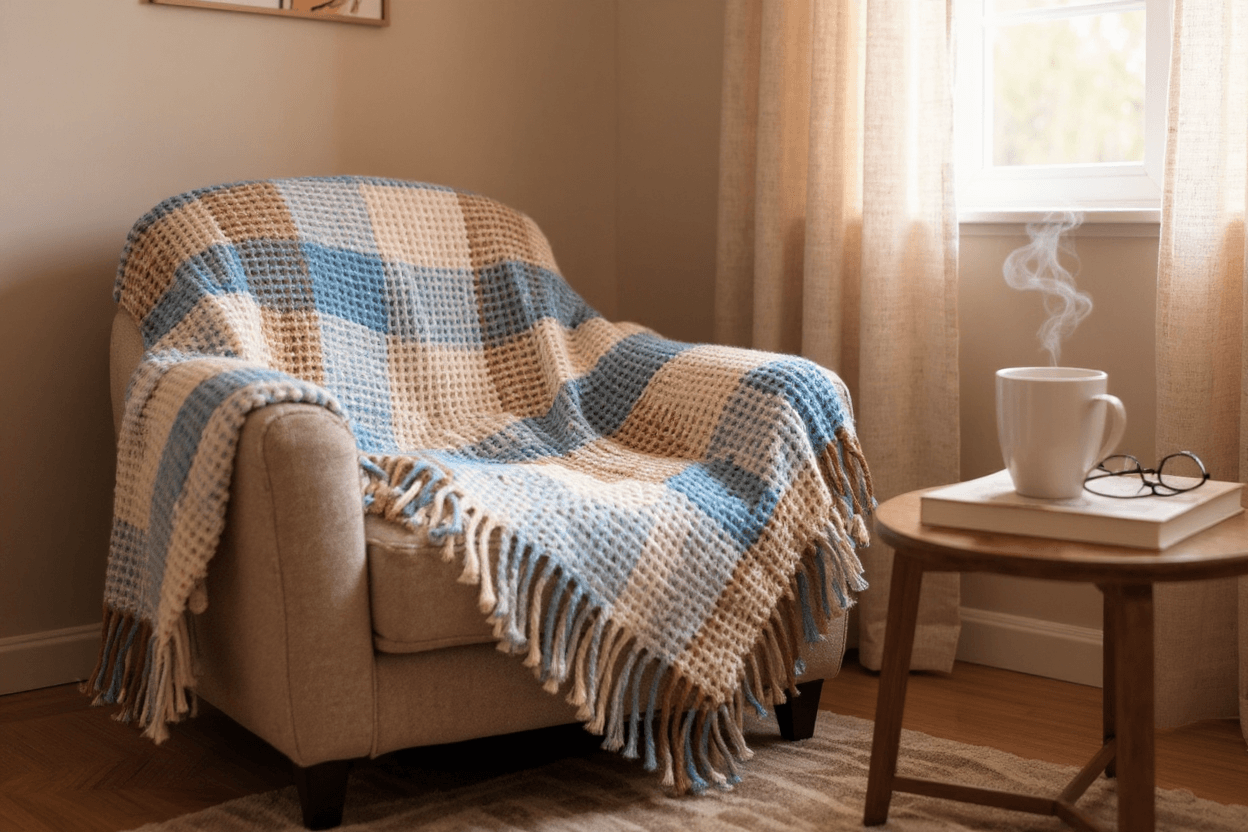 Uykumanya Uykucu Battaniye Scotch Waffle Battaniye Ekose Battaniye Çift Kişilik 200x220 cm Krem