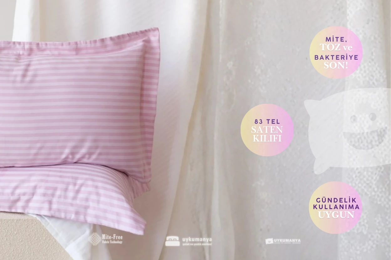 Uykumanya Otel Serisi Lüks Çizgili Saten Oxford Yastık Kılıfı (2 Adet, Romantik Pembe Pudra)