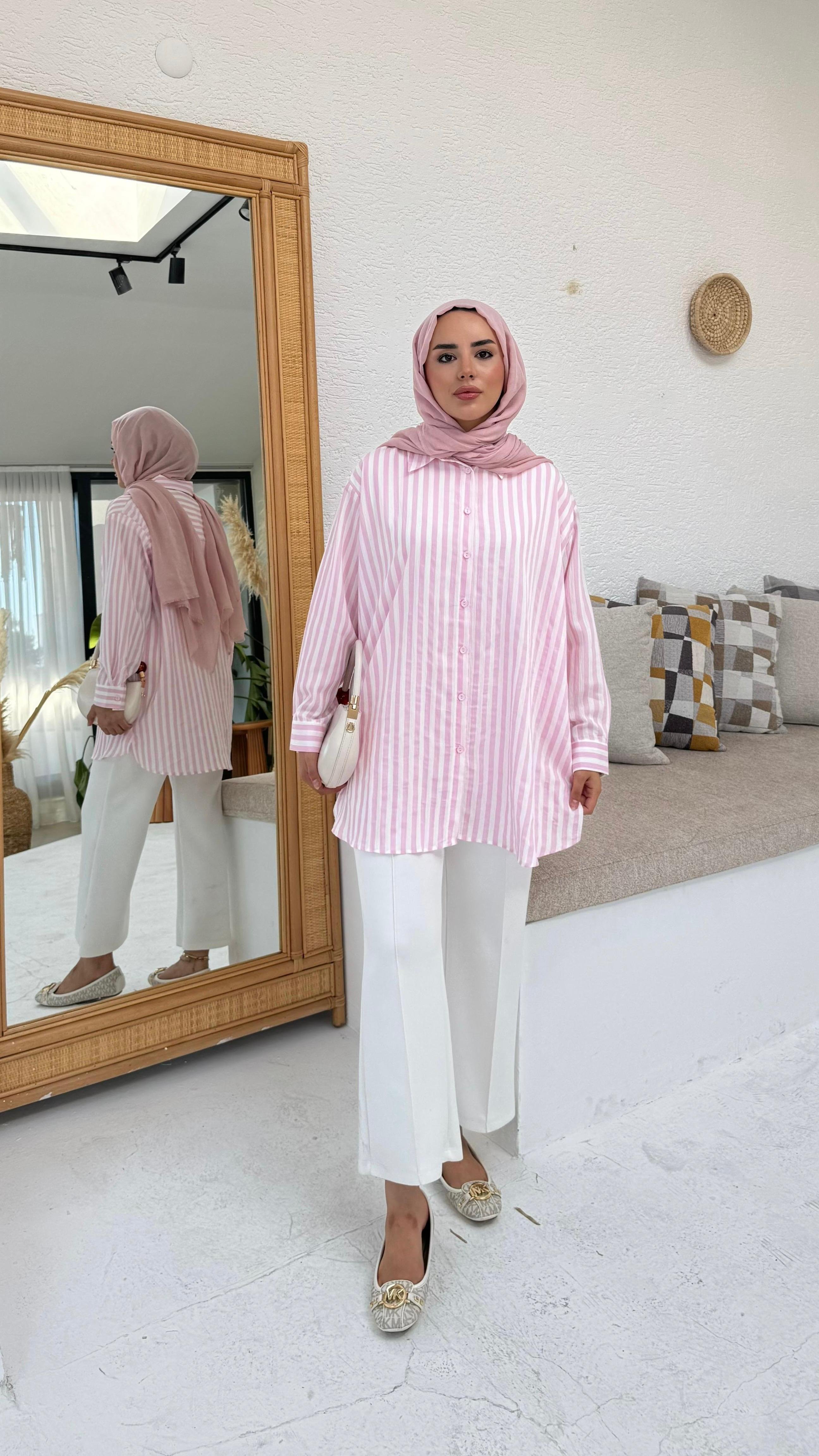 FİRUZ ÇİZGİ GÖMLEK - Pembe