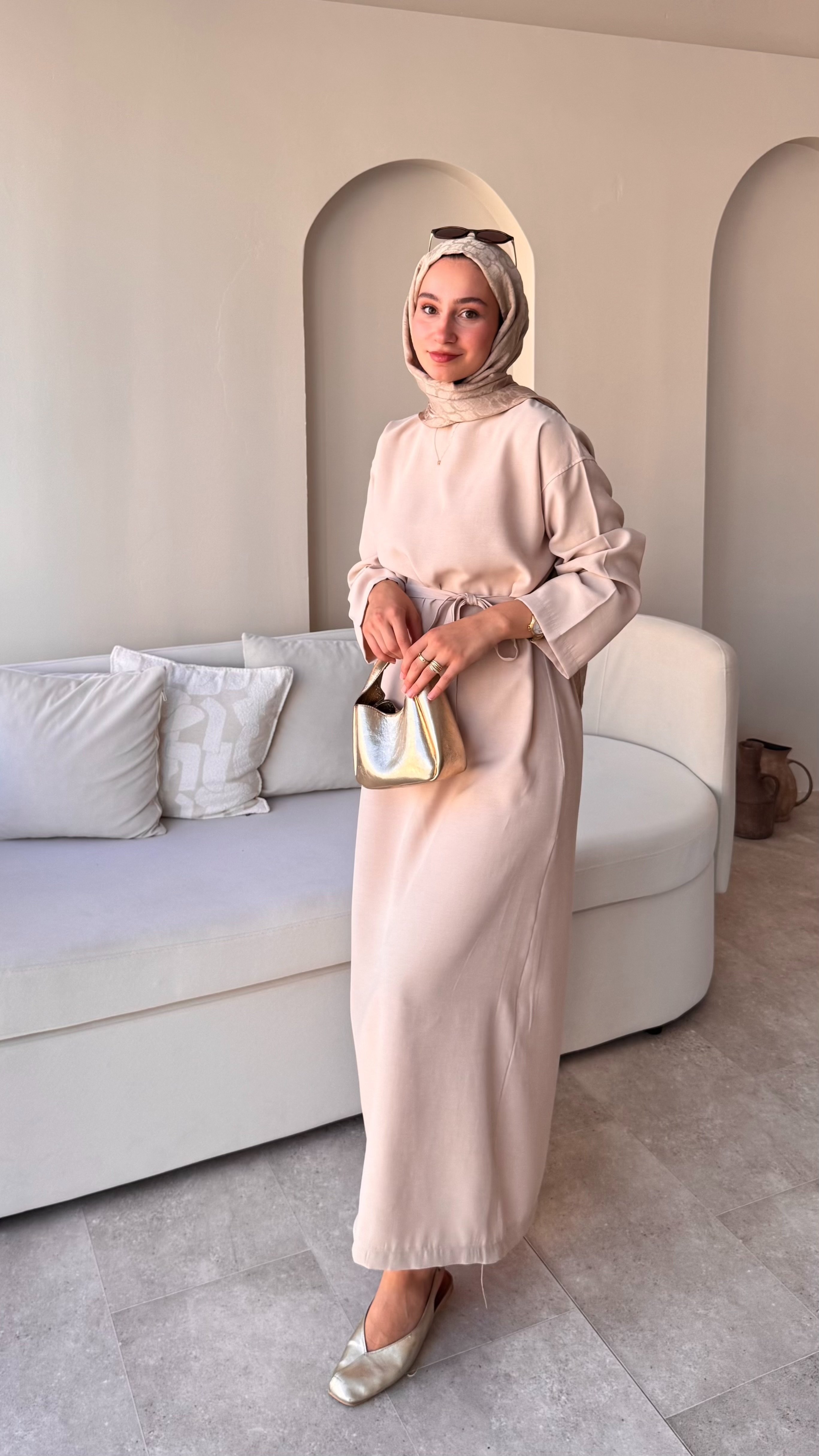 ESİL TENSEL ELBİSE - Bej