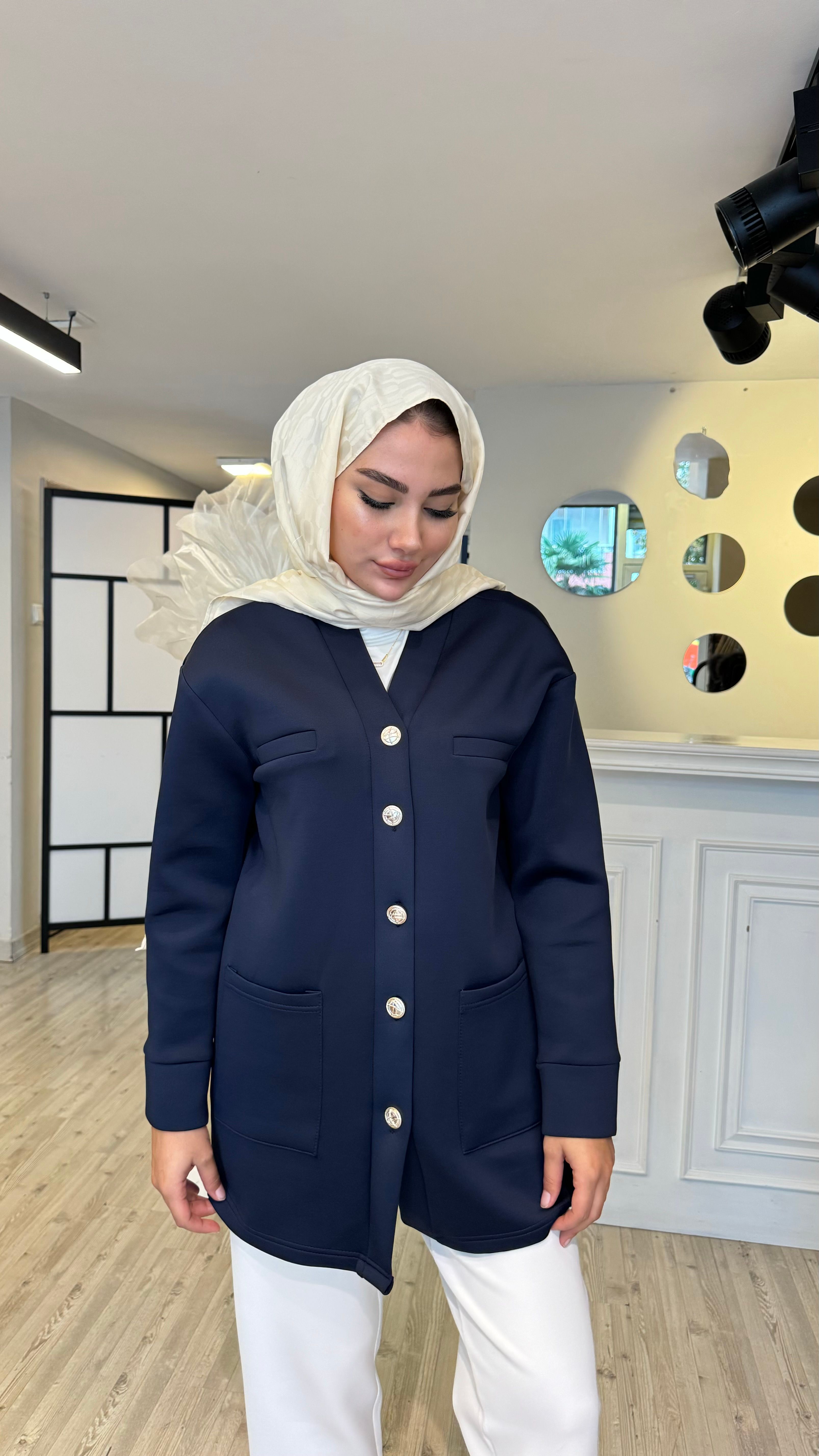 Düğmeli Scuba Ceket - LACİVERT