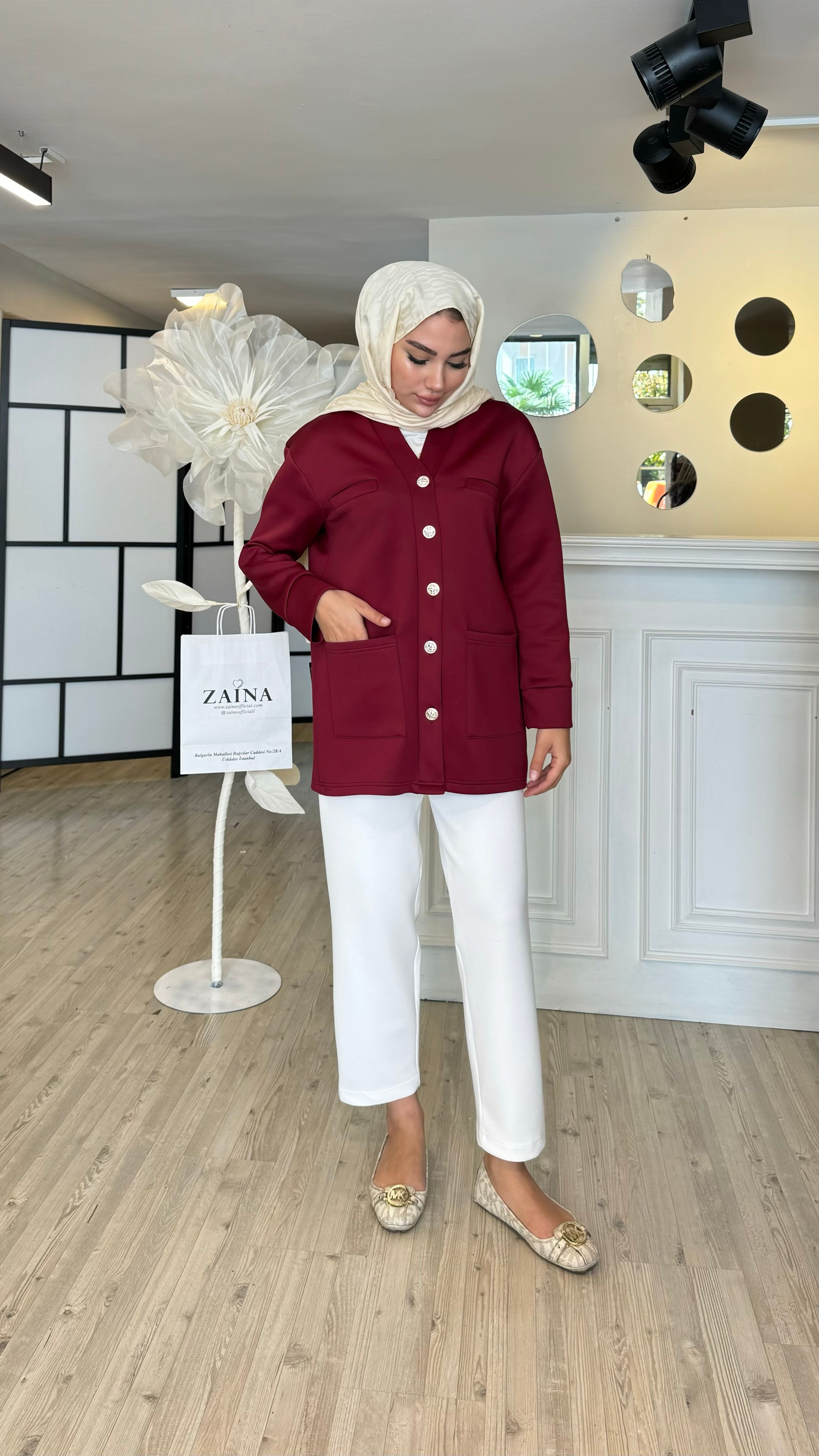 Düğmeli Scuba Ceket - BORDO