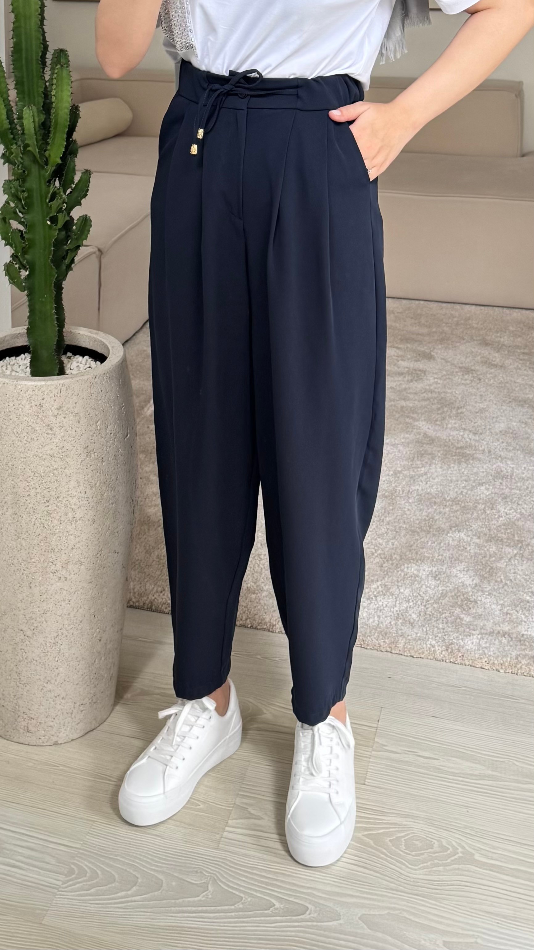 Saten Krep Pantolon - Lacivert