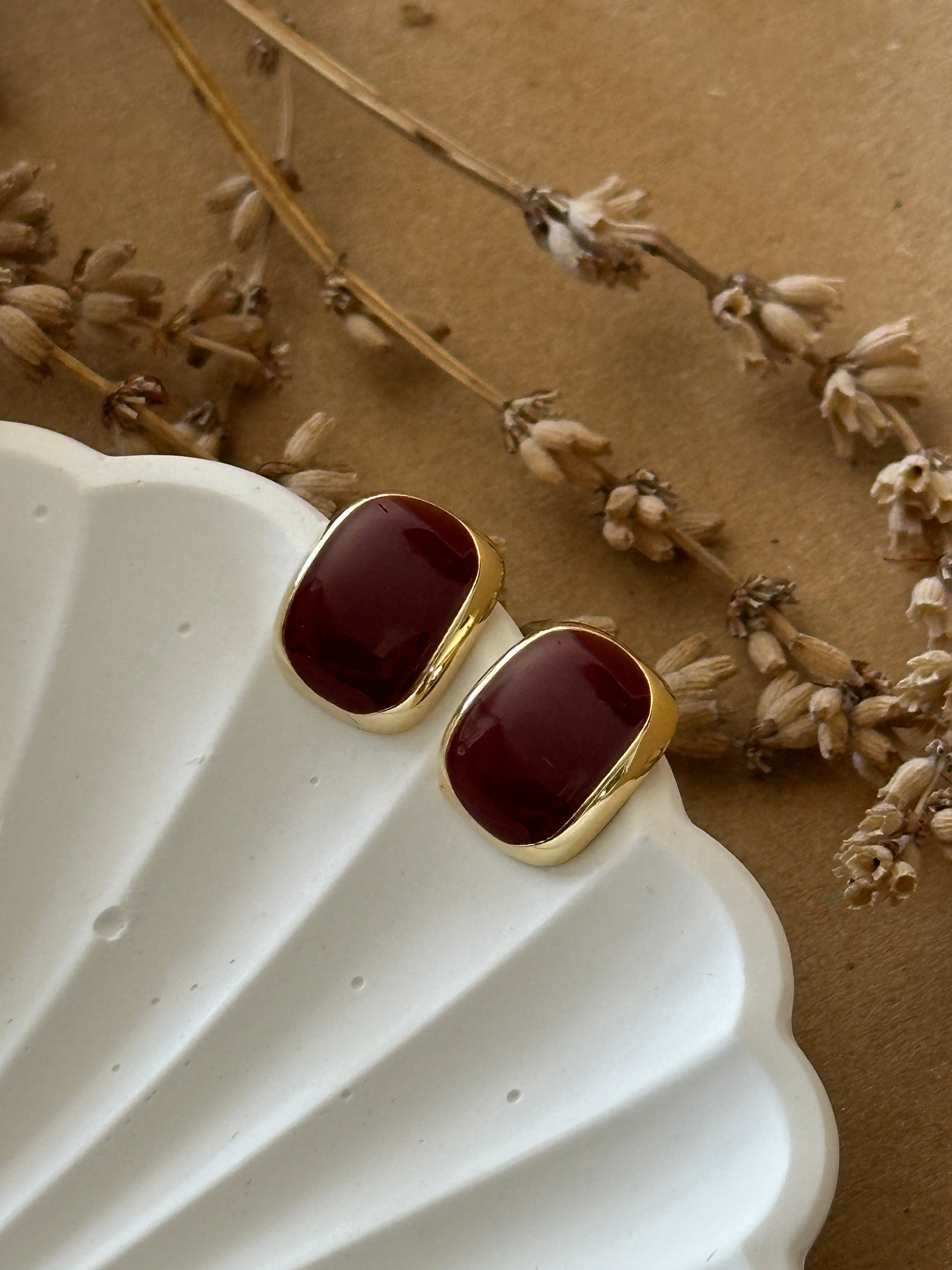 Bordo-Gold Düz Mini Küpe