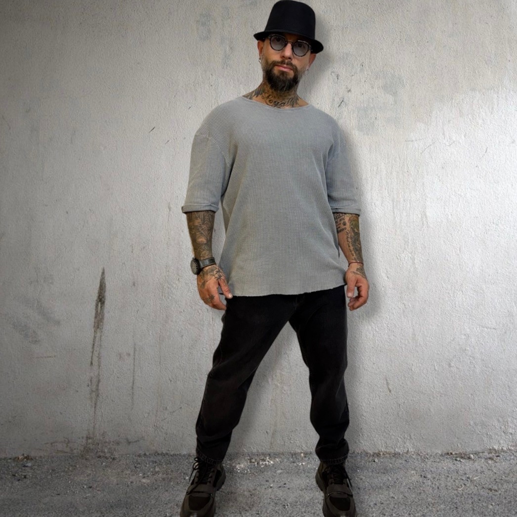 Y-1082 OVERSIZE DOKULU T-SHIRT GRİ
