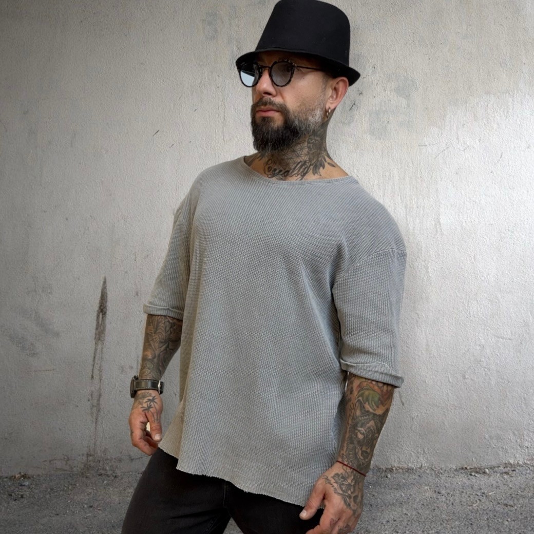Y-1082 OVERSIZE DOKULU T-SHIRT GRİ