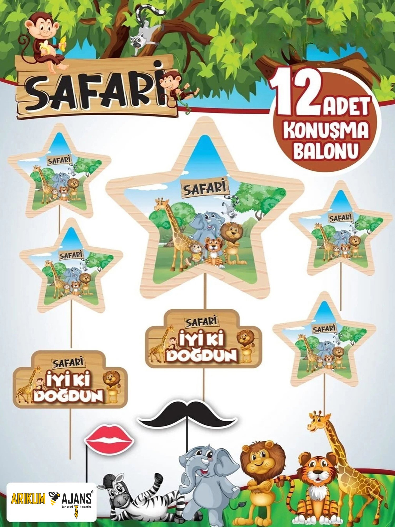 Safari Doğum Günü Konuşma Balonu 12 Adet