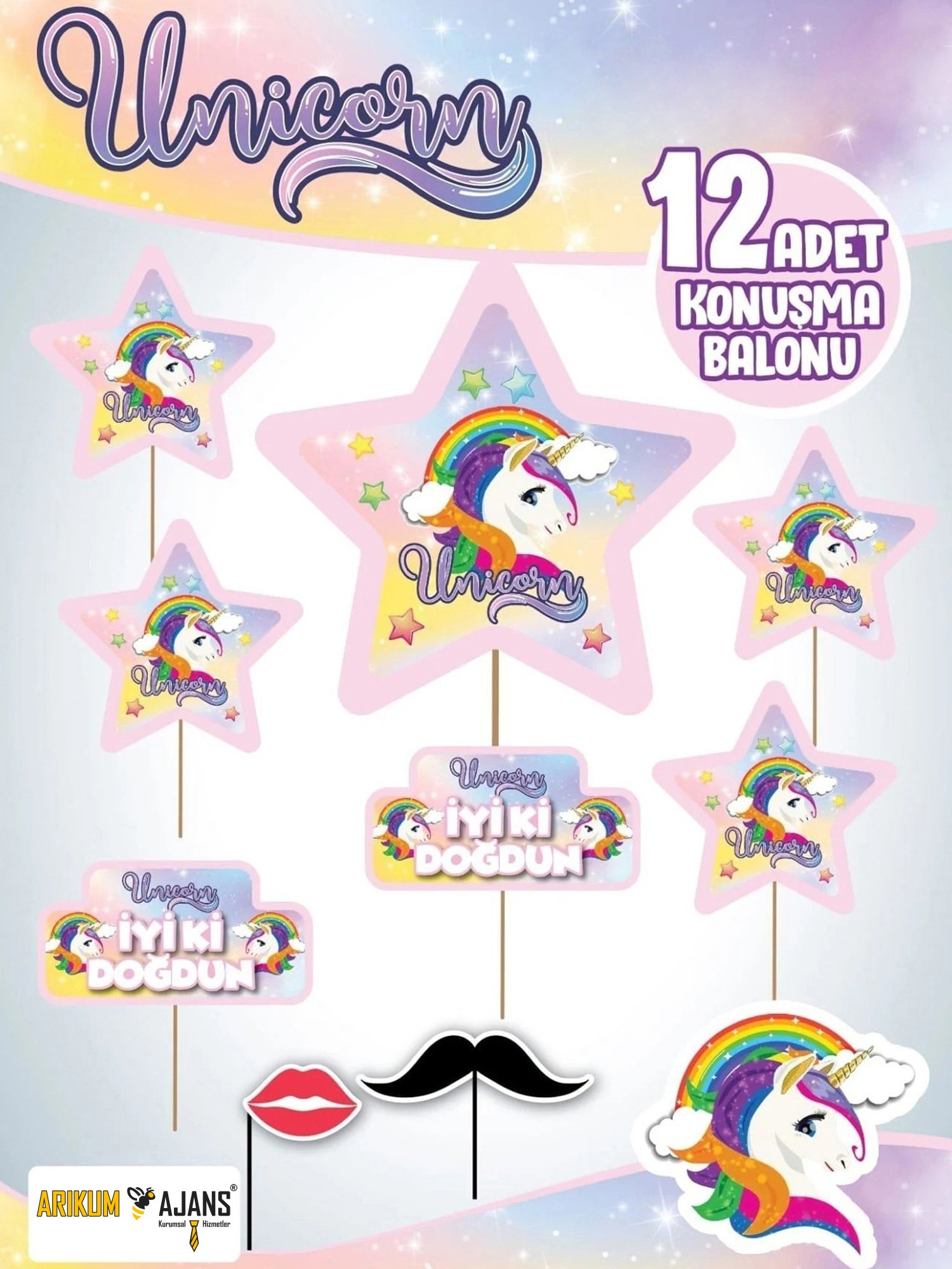 Unicorn Doğum Günü Konuşma Balonu 12 Adet