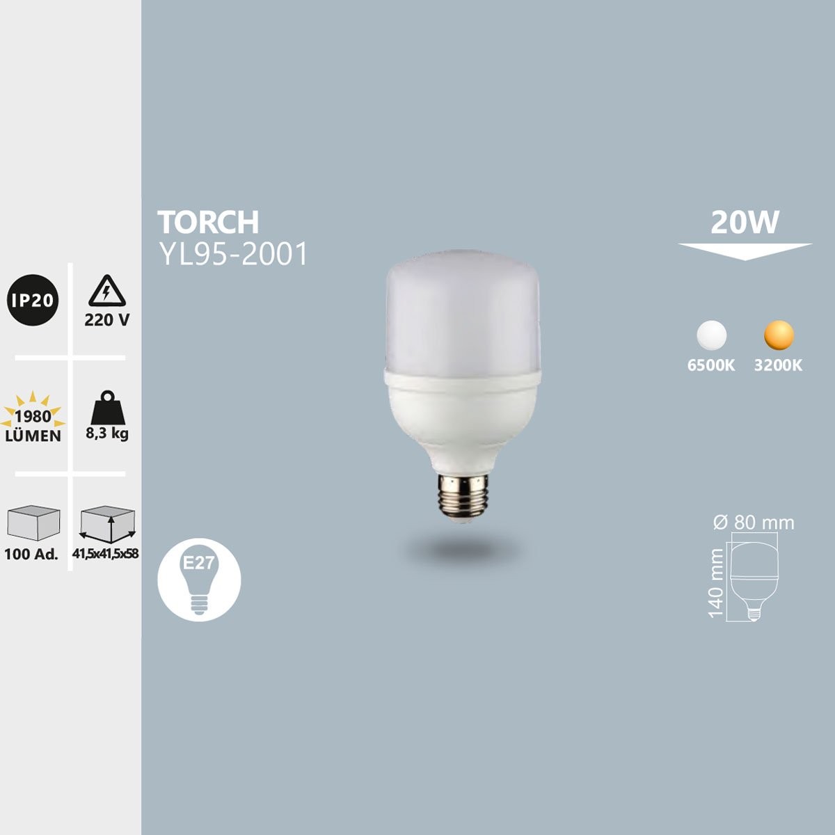 Torch LED Ampul E27 20W 3200K Gün Işığı Noas YL95-2002