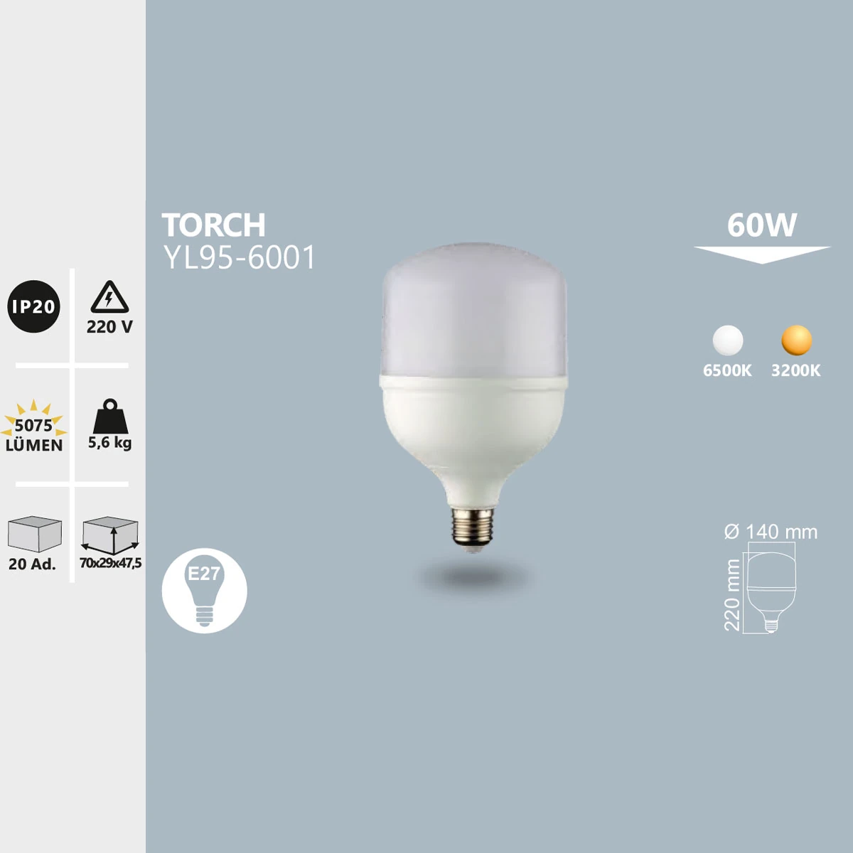Torch LED Ampul E27 60W 3200K Gün Işığı Noas YL95-6002