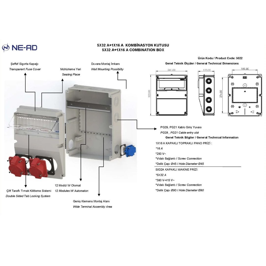 Kombinasyon Panosu 5x32A 2 Adet Ön + 1x16A 2 Adet Yan - NEAD-5022