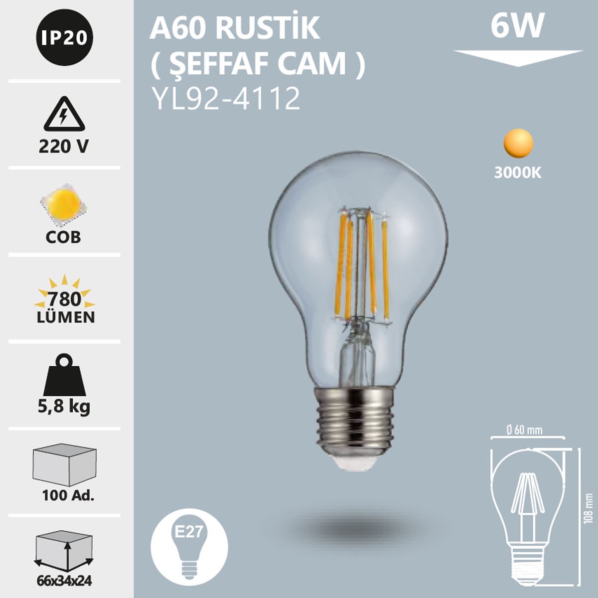 LED Rustik Ampul A60 6W 3000K Gün Işığı Noas YL92-4112
