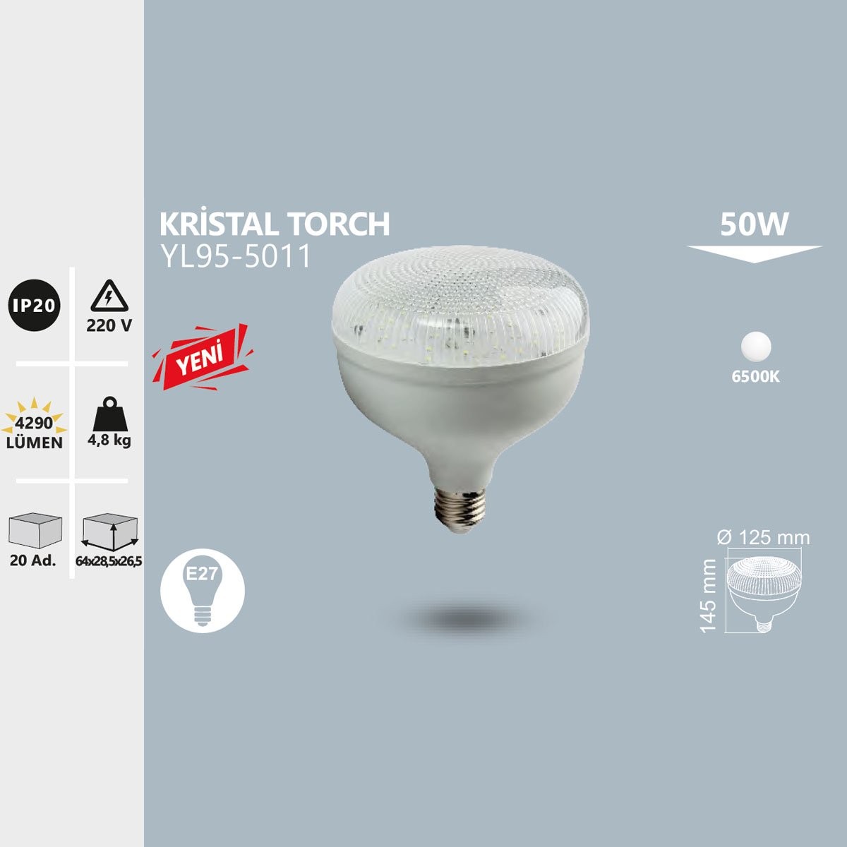 Kristal Torch LED Ampul E27 50W 6500K Soğuk Beyaz Noas YL95-5011