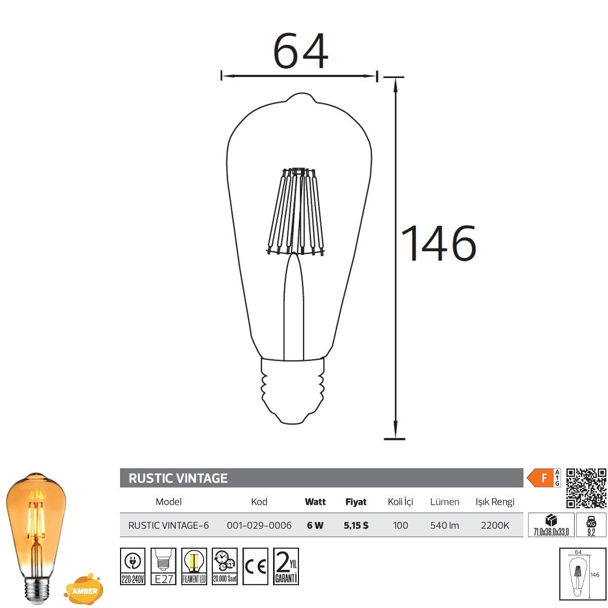 LED Rustik Armut Ampul 6W Amber Horoz 001-029-0006