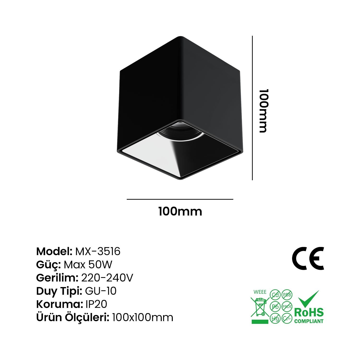 Kare Dekoratif Armatür Siyah-Platin Maxled MX-3516 (100mm)