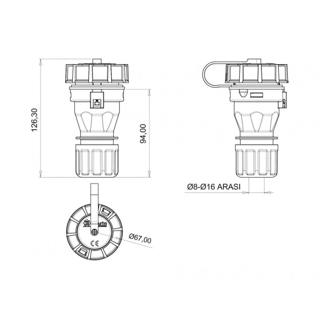 Uzatma Priz 1x16A 220V IP68 - Bemis BS1-1402-7311