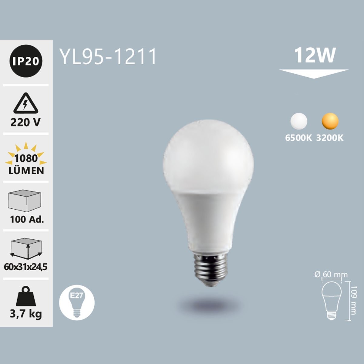 LED Ampul E27 12W 3200K Gün Işığı Noas YL95-1212