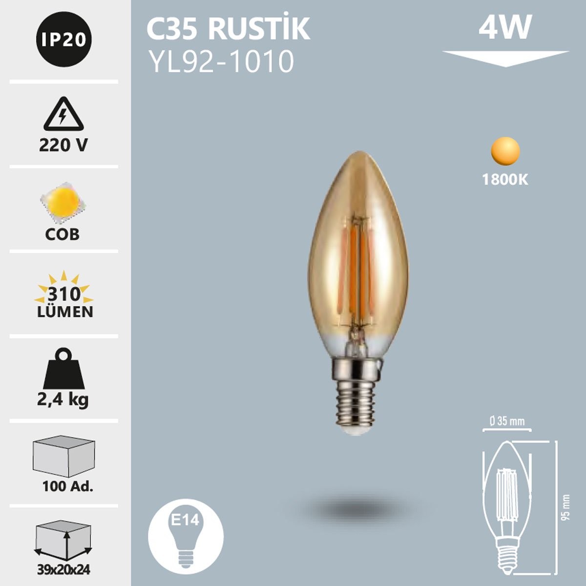 LED Rustik Ampul C35 4W Amber Noas YL92-1010