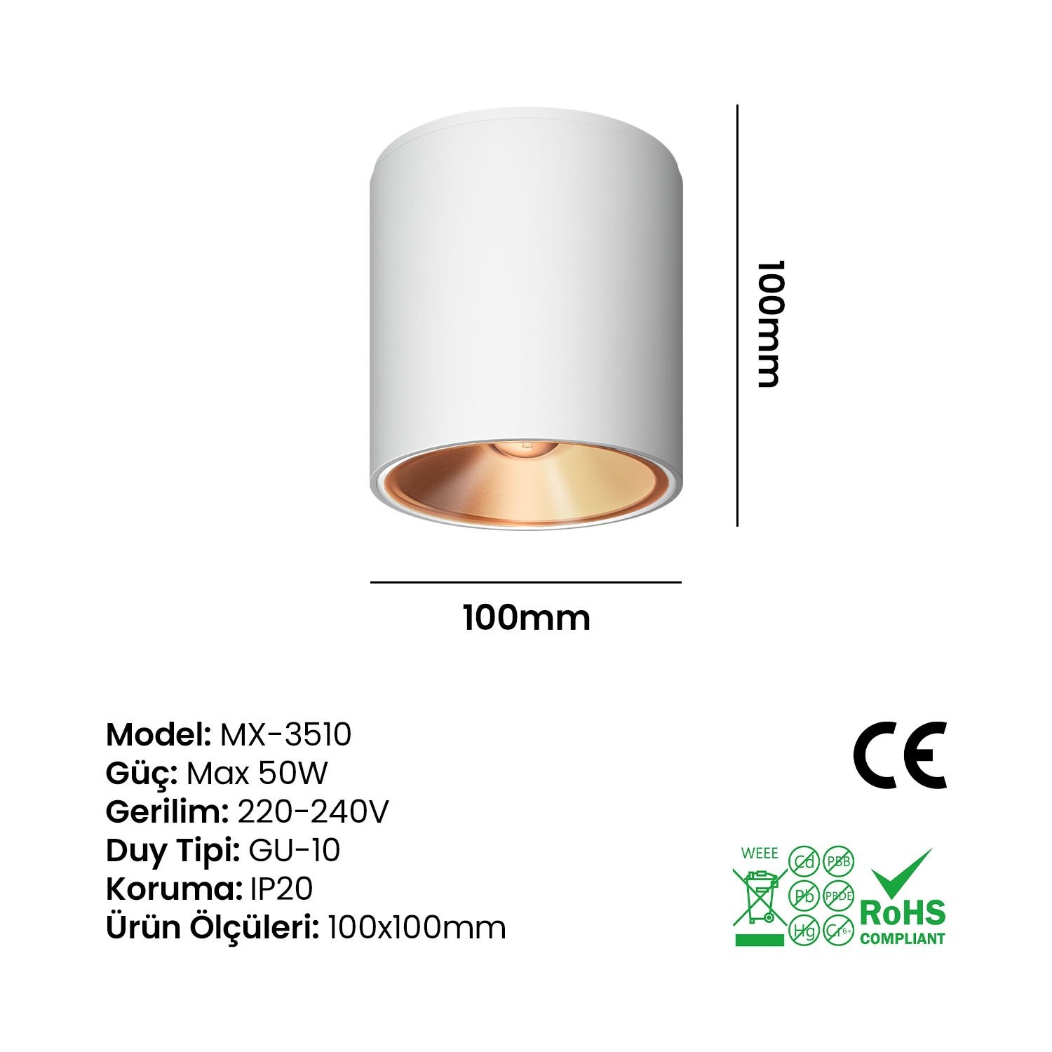 Silindir Dekoratif Armatür Beyaz-Rose Maxled MX-3510 (100mm)