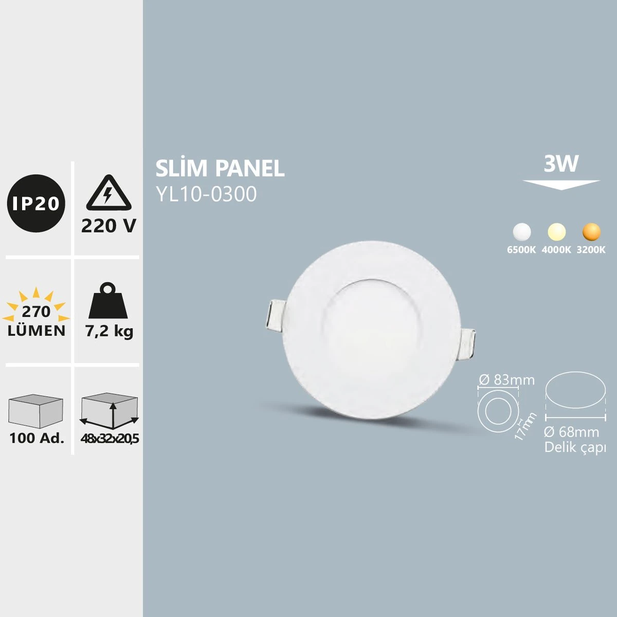 Sıva Altı Beyaz Yuvarlak Slim LED Panel 3W 6500K Soğuk Beyaz Noas YL10-0300