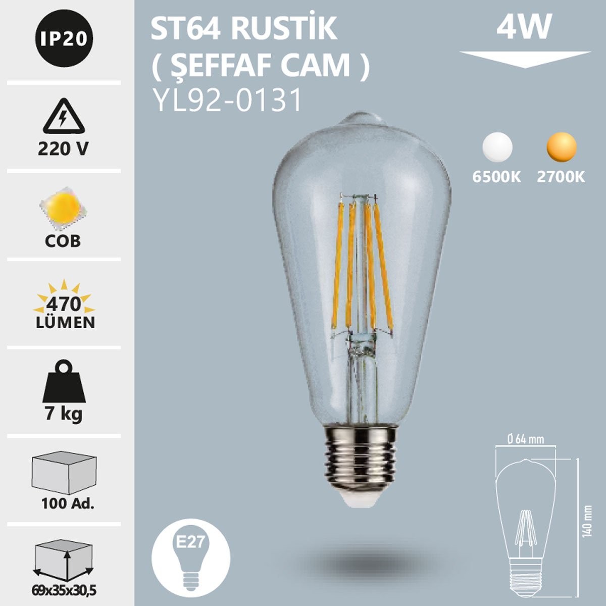 LED Rustik Ampul ST64 4W 2700K Noas YL92-0131