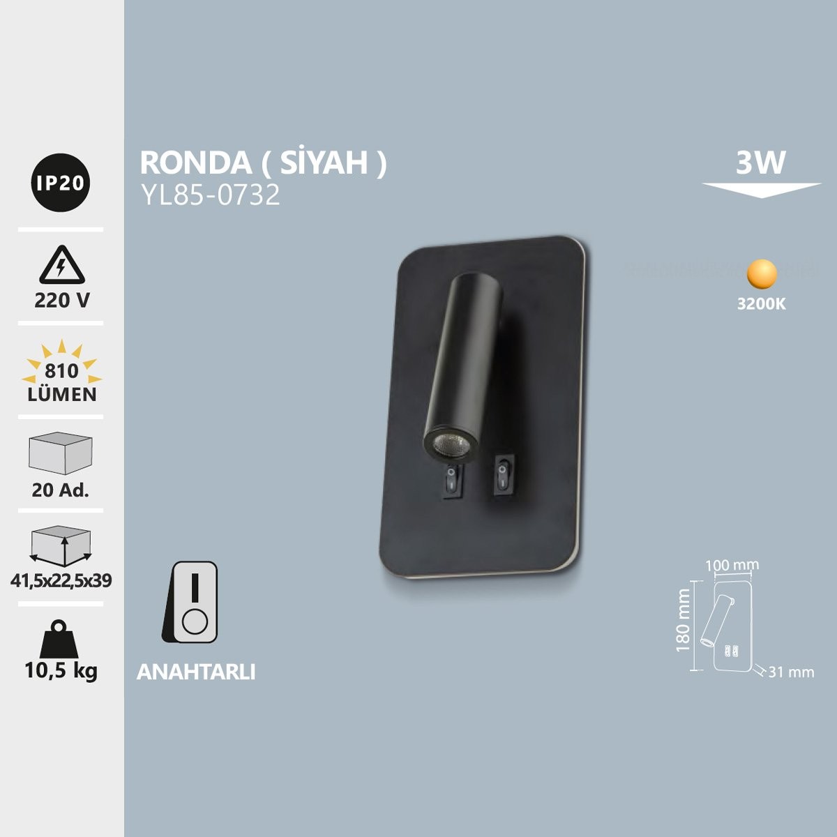Yatak Başı Aplik 3+7W 3200K Gün Işığı Noas Ronda YL85-0732 (Siyah)