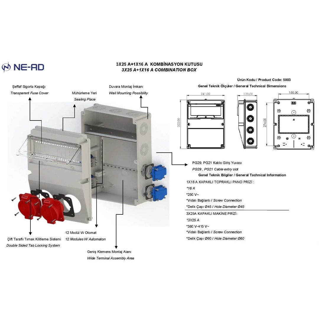 Kombinasyon Panosu 3x25A 2 Adet Ön + 1x16A 4 Adet Yan - Nead NEAD-5003