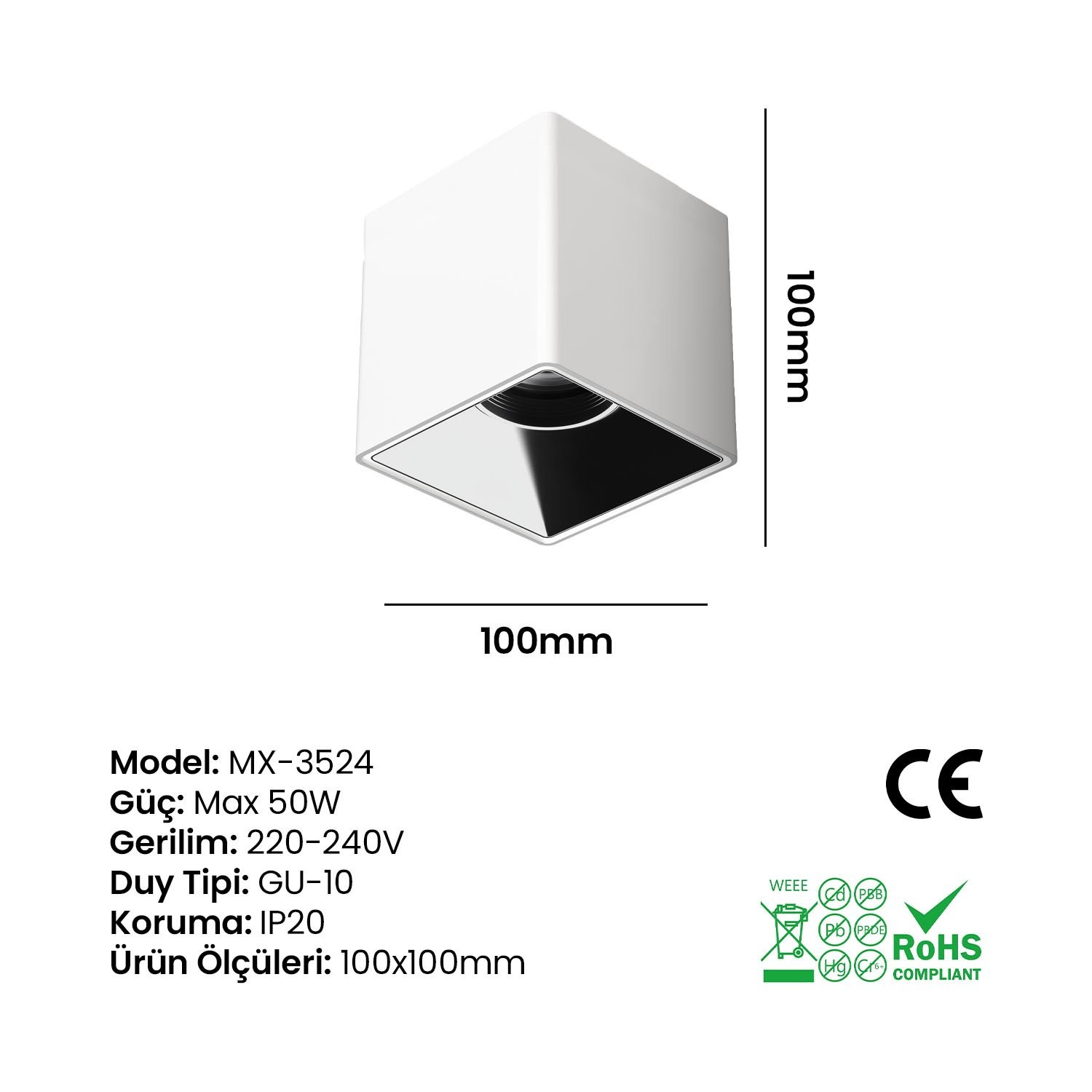 Kare Dekoratif Armatür Beyaz-Platin Maxled MX-3524 (100mm)
