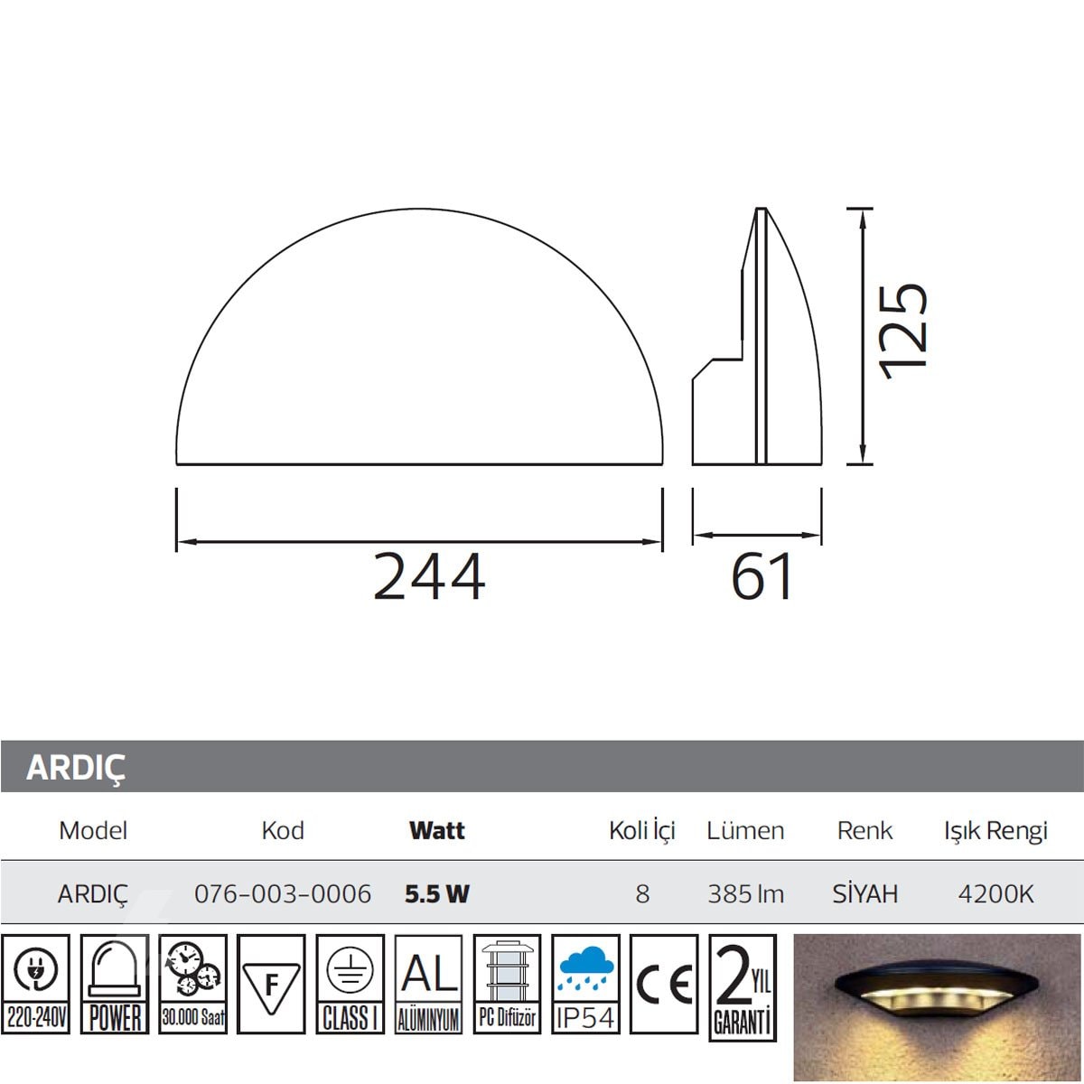 Dış Mekan LED Aplik 5.5W 4200K Ilık Beyaz IP54 Horoz Ardıç 076-003-0006