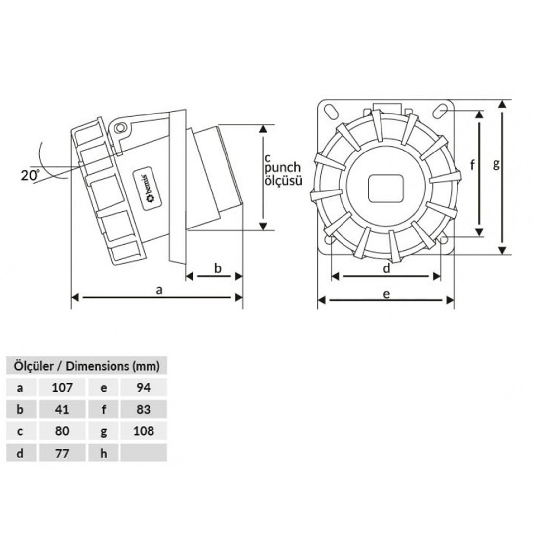45° Eğik Makine Priz 3x32A 220V - Bemis BC1-3403-7420