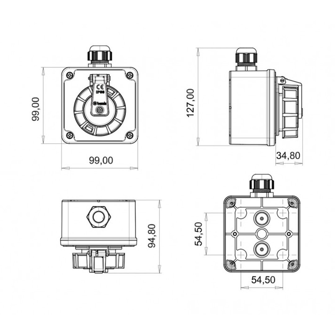 Düz Duvar Priz 1x16A 220V IP68 (Vidalı Bağlantılı) - Bemis BS1-1402-7510