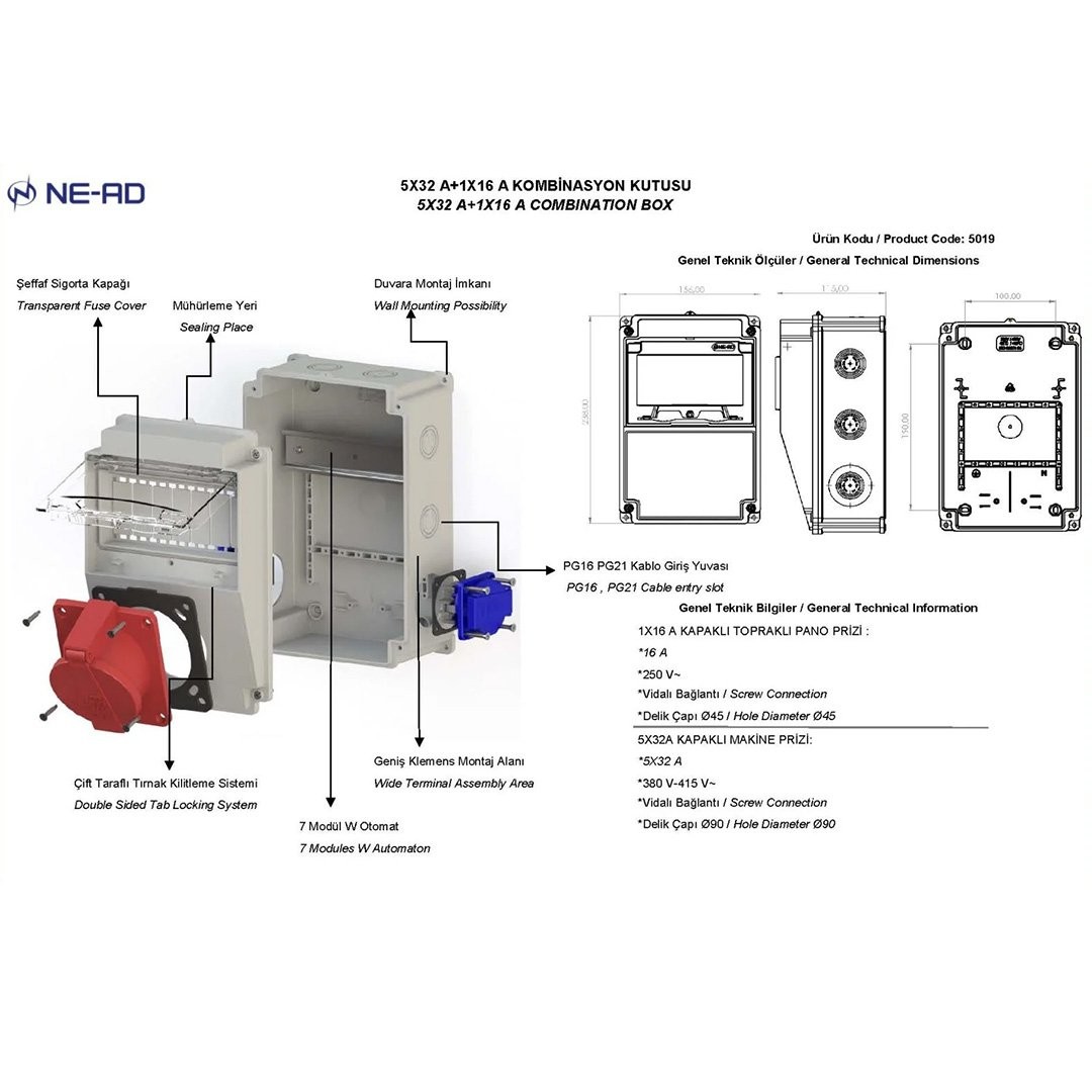Kombinasyon Panosu 5x32A 1 Adet Ön + 1x16A 2 Adet Yan - NEAD-5019