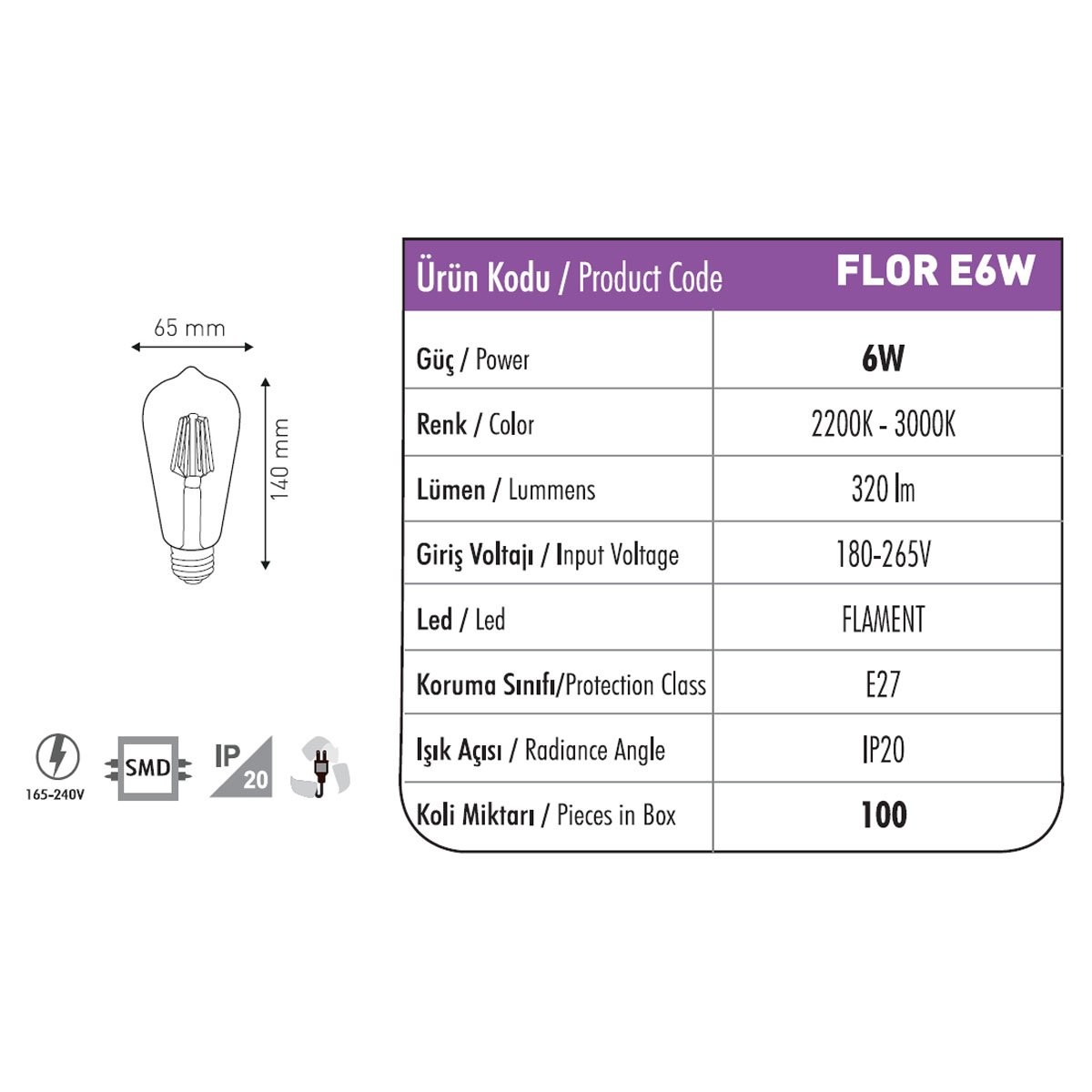 LED Rustik Armut Ampul E27 6W 2200K Amber Fuji FLOR E6W