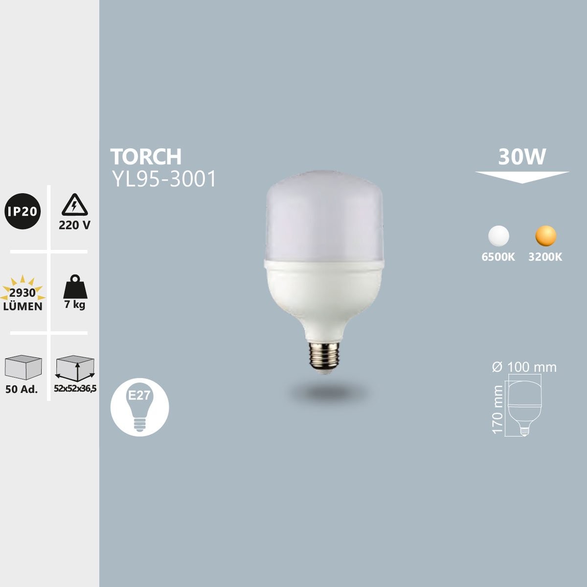 Torch LED Ampul E27 30W 3200K Gün Işığı Noas YL95-3002