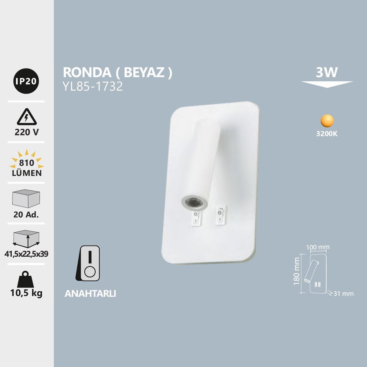 Yatak Başı Aplik 3+7W 3200K Gün Işığı Noas Ronda YL85-1732 (Beyaz)