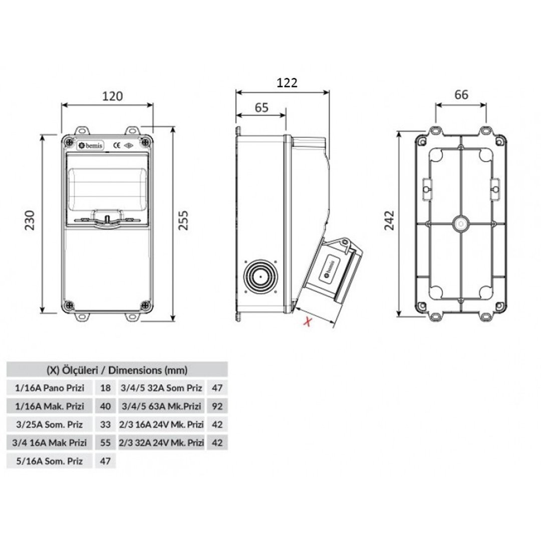 Kombinasyon Panosu 5x32A 380V 1 Adet Ön / 1x16A 220V 2 Adet Yan - Bemis BD1-2134-2020