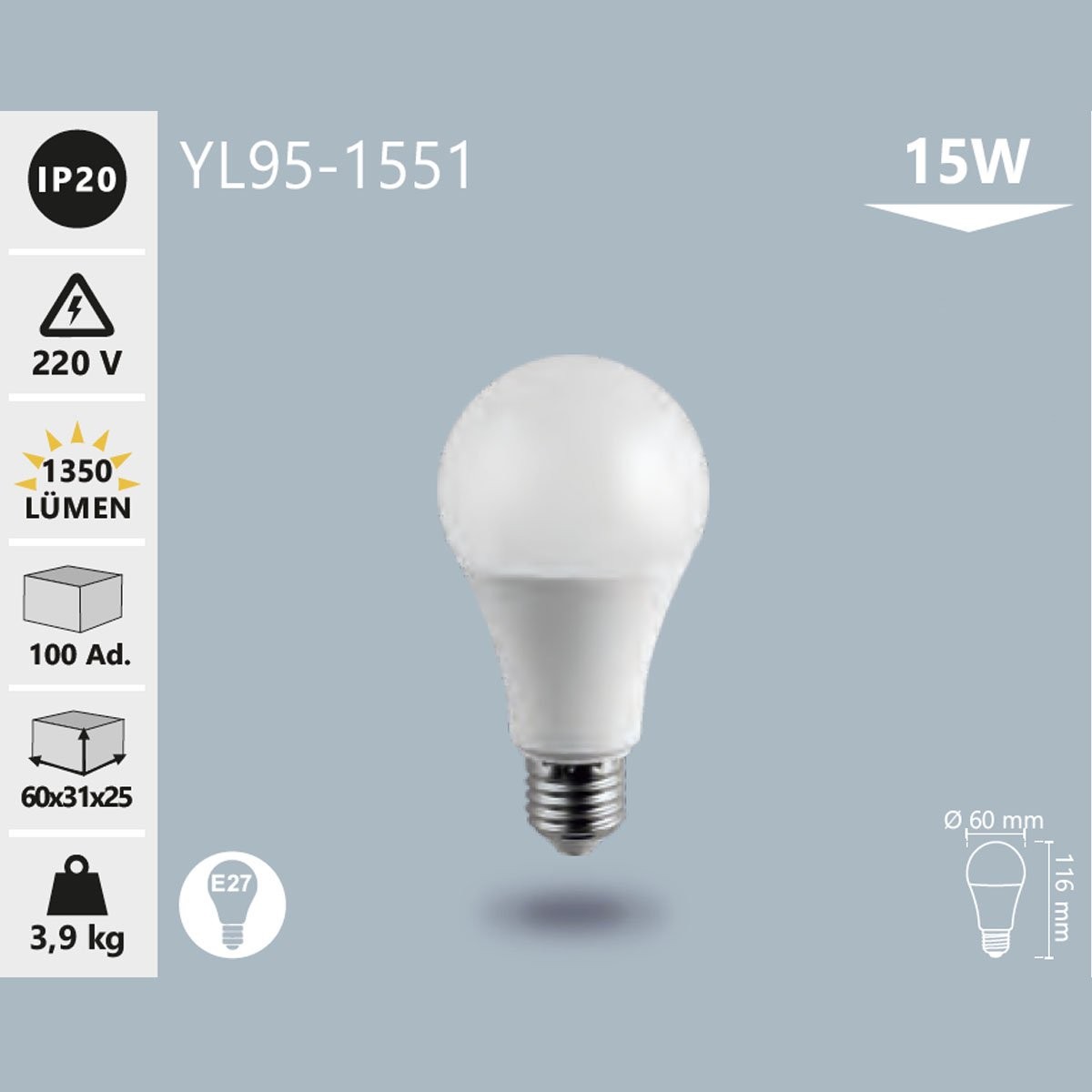 LED Ampul E27 15W 3200K Gün Işığı Noas YL95-1522