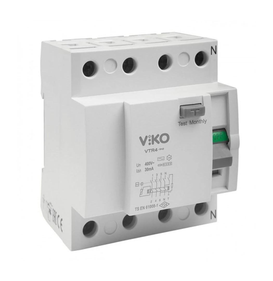 Kaçak Akım Rölesi AC Tipi 80A 4 Fazlı 300mA 6kA Viko VTR4-80300