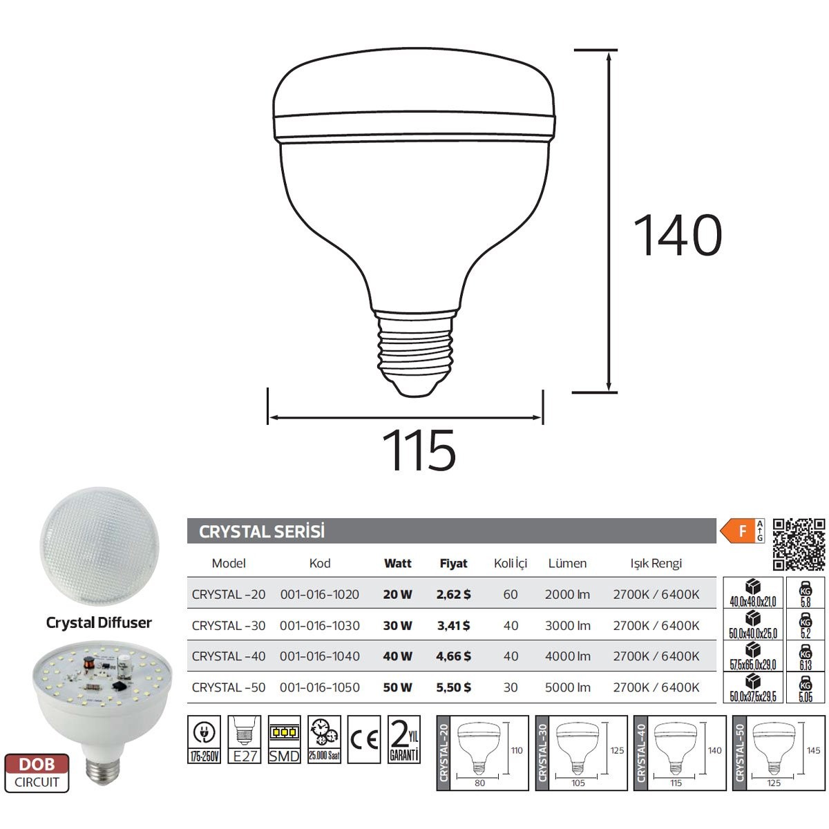Kristal Torch LED Ampul E27 40W 6500K Soğuk Beyaz Horoz 001-016-1040